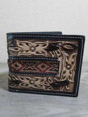 Leather Tooled & Aztec Beaded Men's Bifold Wallet - Burgundy/Tan
